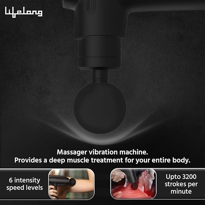 LLGM109 Percussion Massage Gun for Pain Relief, Deep Tissue, 6 Speeds & 7 Massage Heads, Cordless, Quiet Operation for Neck, Shoulders, Back, Arms, Legs & Feet (Black)