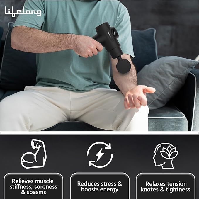 LLGM109 Percussion Massage Gun for Pain Relief, Deep Tissue, 6 Speeds & 7 Massage Heads, Cordless, Quiet Operation for Neck, Shoulders, Back, Arms, Legs & Feet (Black)